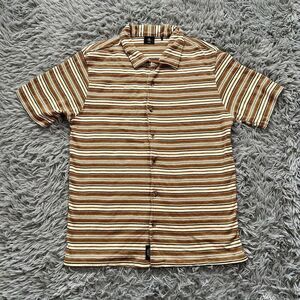 Thrills Men’s Knit Striped Button Down Shirt Neutral Brown Soft Medium Collared